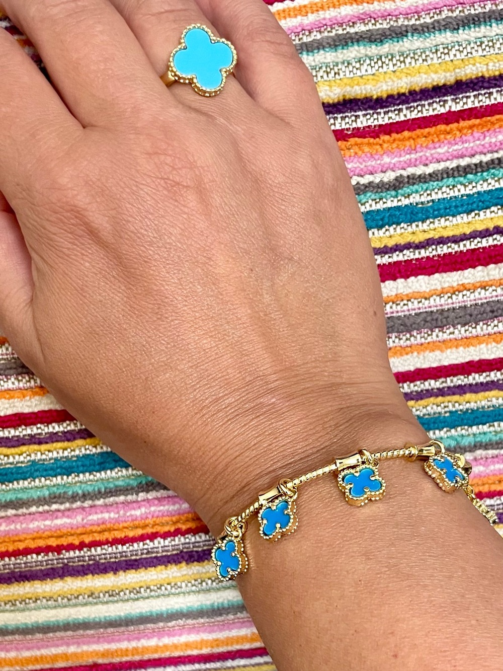 Blue Gold Filled Clovers Adjustable Cuff Bracelet Adjustable Ring 2 Pc Set NWOT